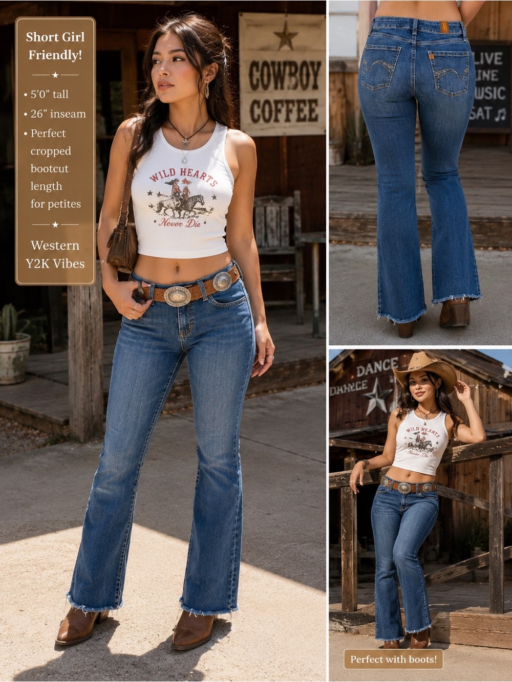 Aura Wrangler Women’s Bootcut Flare Jeans Raw Hem Western Y2K